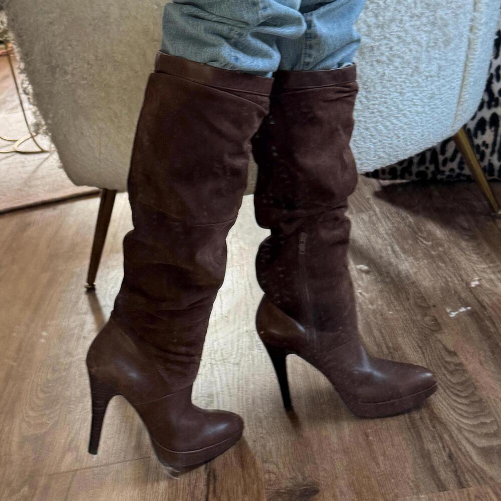 90s Style Boho Style Platform Nine West Brown Suede Boots, Wooden Heel, Size 7
